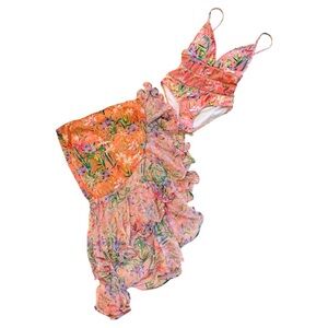 Banjul Tropical Floral One-Piece Swimsuit & Ruffle Cover-Up Set orange and pink